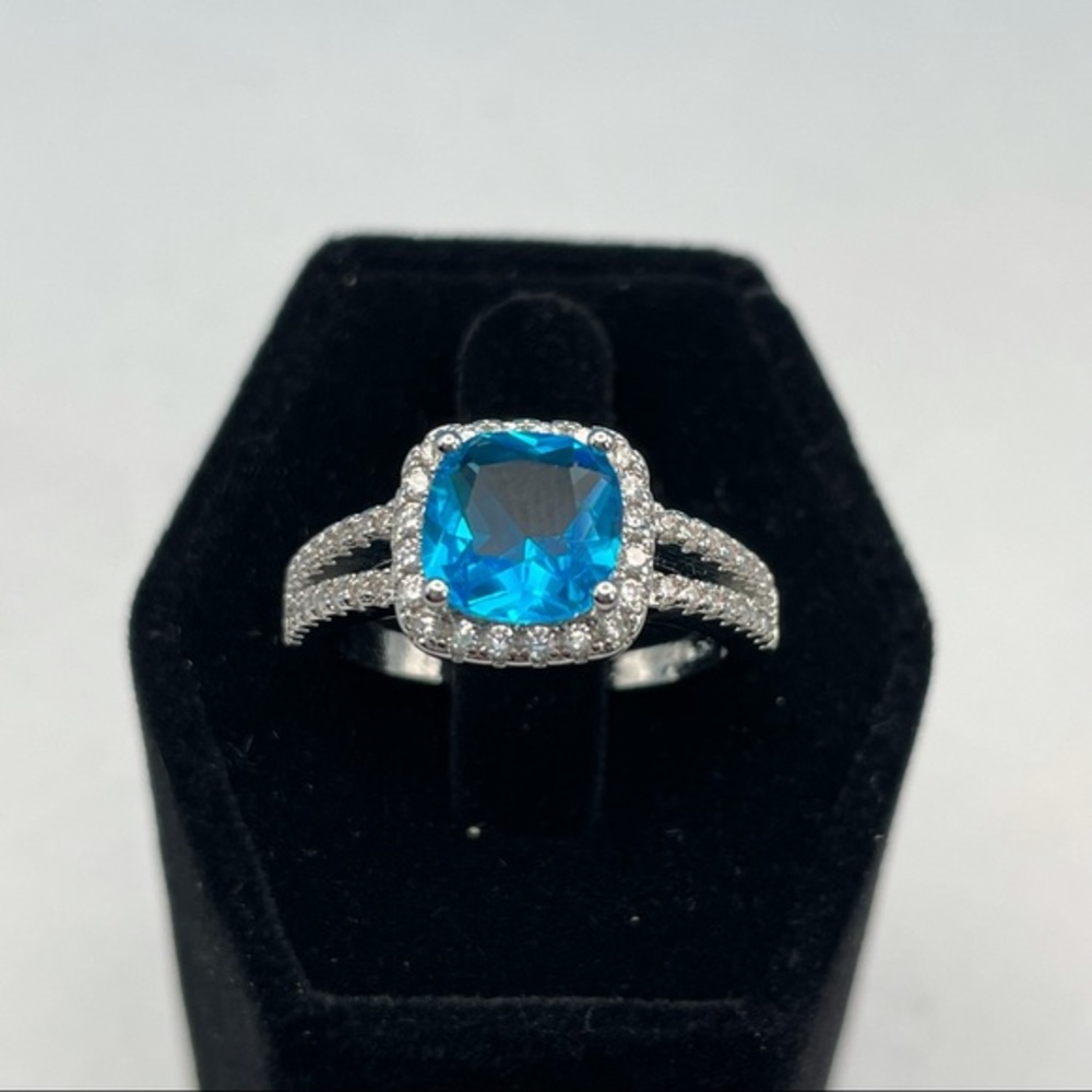 Beautiful Statement Silver Plated Blue Diamond Cushion Halo Ring